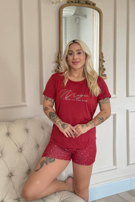 Bordo Magic Desenli Bambu Kısa Kol Şortlu Kadın Pijama Takımı - Pijamaevi (1)