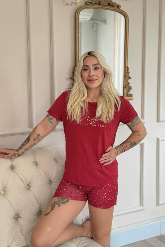 Bordo Magic Desenli Bambu Kısa Kol Şortlu Kadın Pijama Takımı - Pijamaevi (2)