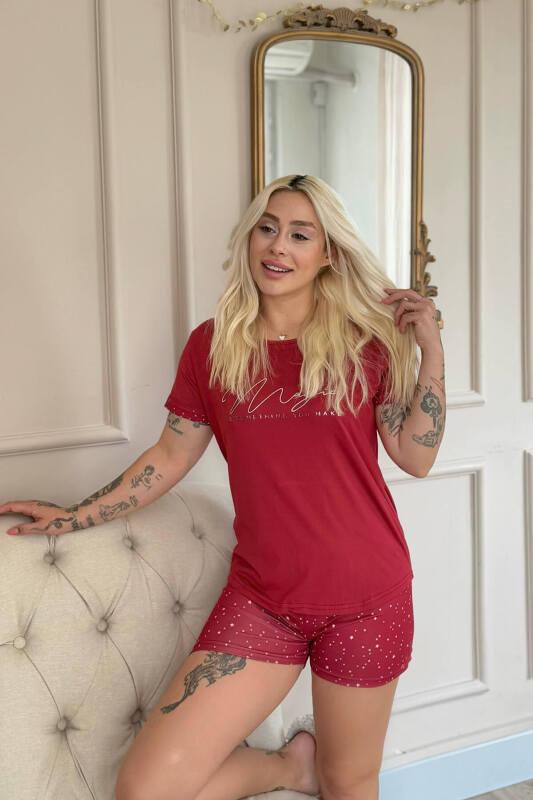 Bordo Magic Desenli Bambu Kısa Kol Şortlu Kadın Pijama Takımı - Pijamaevi (3)