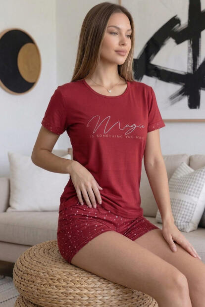 Bordo Magic Desenli Bambu Kısa Kol Şortlu Kadın Pijama Takımı 