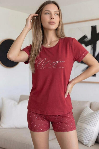 Bordo Magic Desenli Bambu Kısa Kol Şortlu Kadın Pijama Takımı - 2
