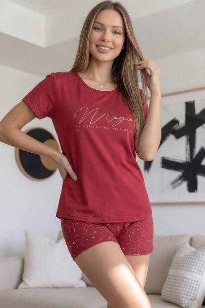 Bordo Magic Desenli Bambu Kısa Kol Şortlu Kadın Pijama Takımı - 3