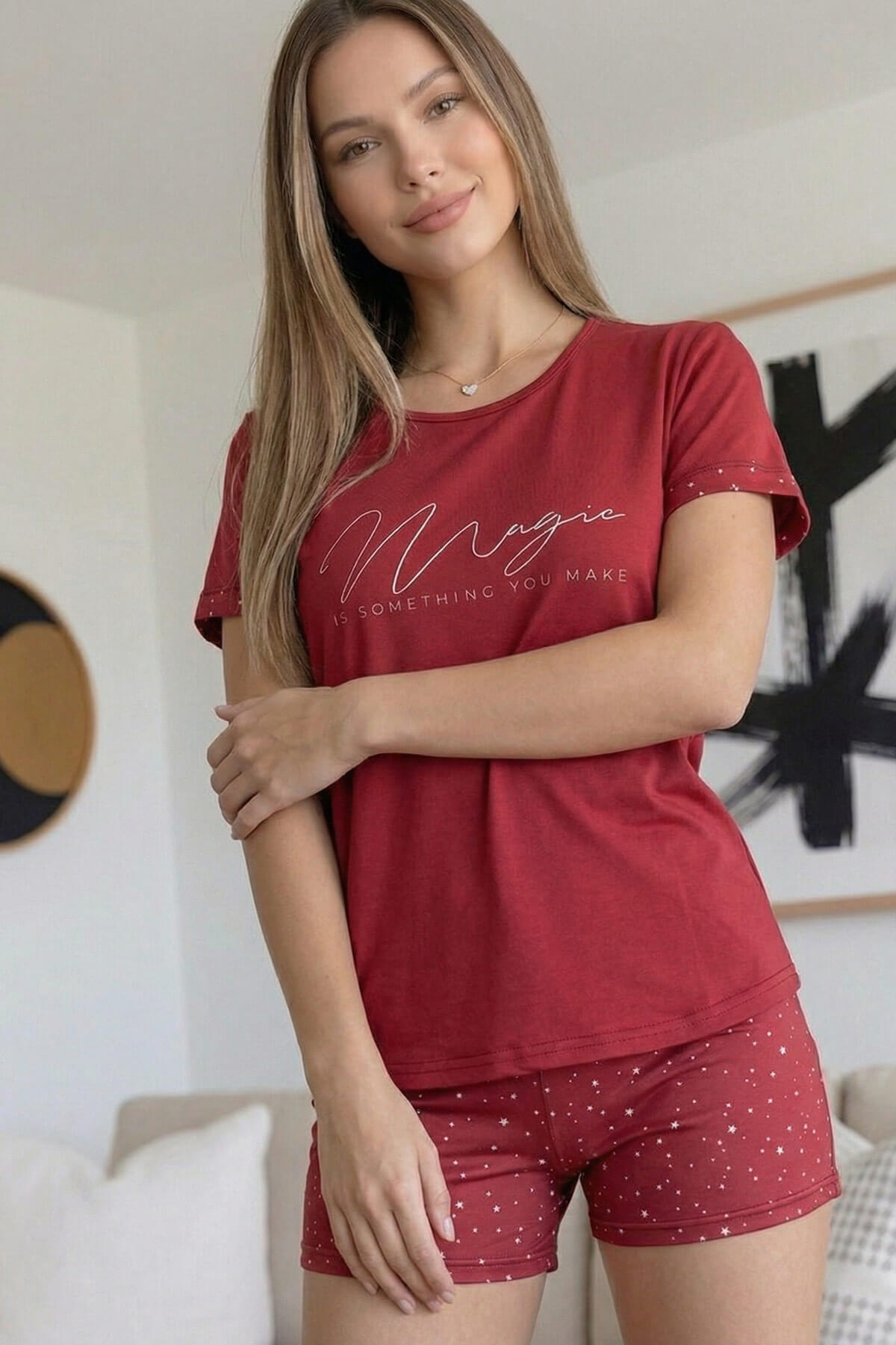 Bordo Magic Desenli Bambu Kısa Kol Şortlu Kadın Pijama Takımı - Pijamaevi (3)