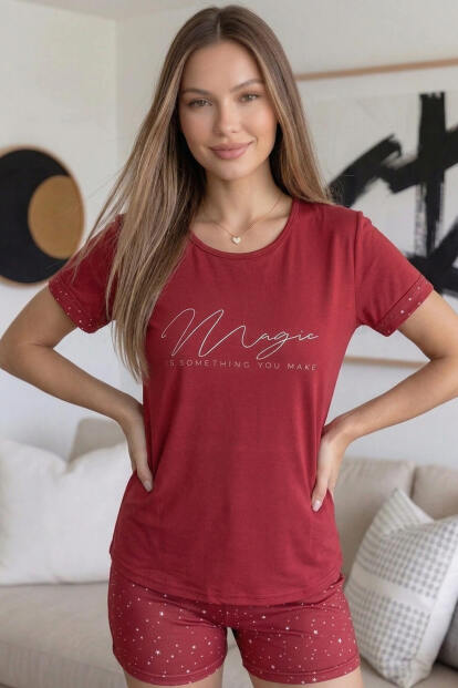 Bordo Magic Desenli Bambu Kısa Kol Şortlu Kadın Pijama Takımı - 6