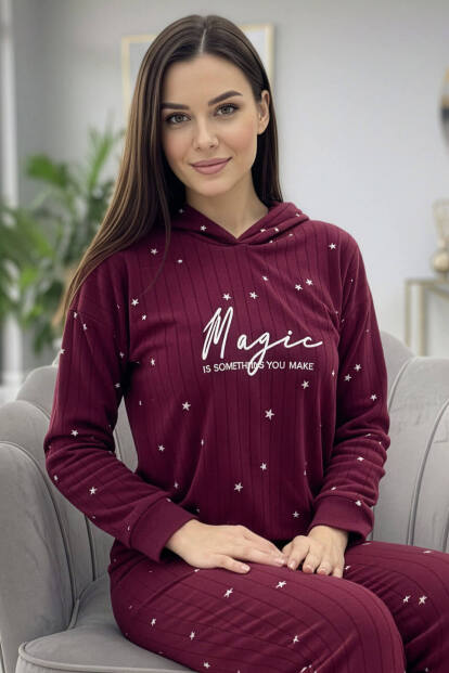 Bordo Magic Desenli Kapşonlu Peluş Polar Pijama Takımı - 1