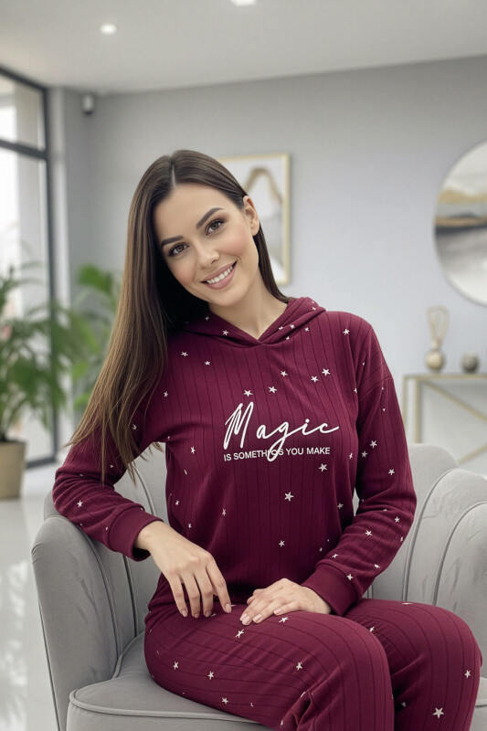 Bordo Magic Desenli Kapşonlu Peluş Polar Pijama Takımı - Pijamaevi (1)
