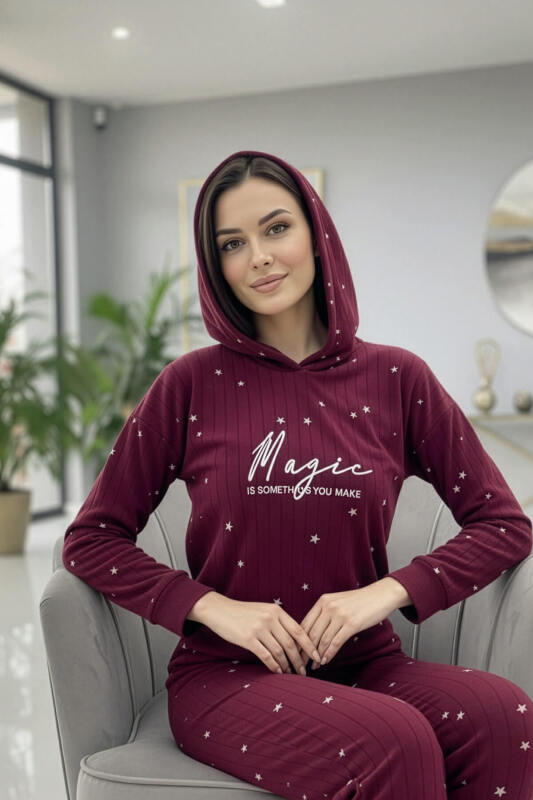 Bordo Magic Desenli Kapşonlu Peluş Polar Pijama Takımı - Pijamaevi (2)