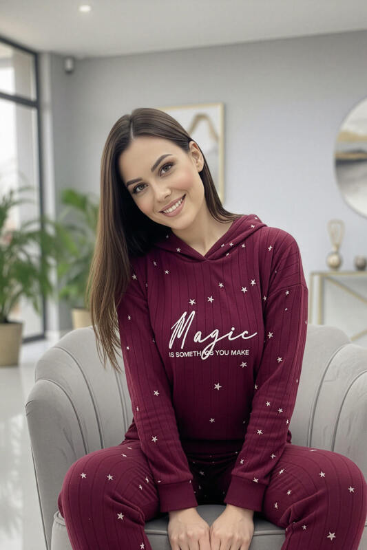 Bordo Magic Desenli Kapşonlu Peluş Polar Pijama Takımı - Pijamaevi (3)