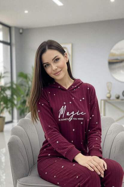 Bordo Magic Desenli Kapşonlu Peluş Polar Pijama Takımı - 5