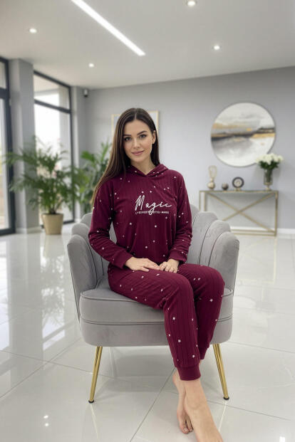 Bordo Magic Desenli Kapşonlu Peluş Polar Pijama Takımı - 6