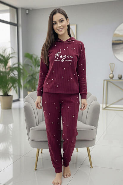 Bordo Magic Desenli Kapşonlu Peluş Polar Pijama Takımı - 7
