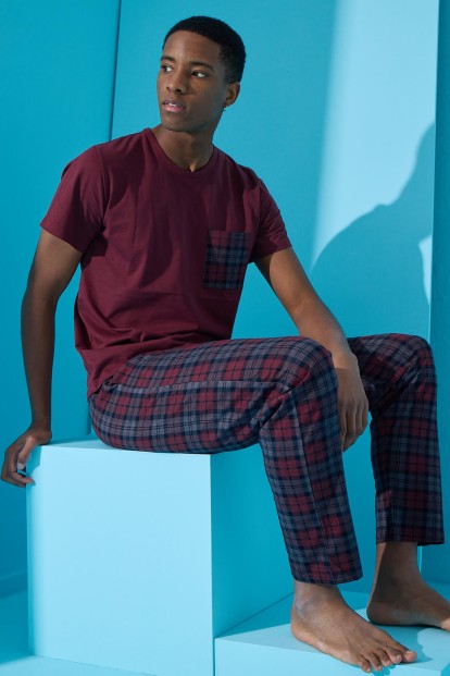 Bordo Many Square Ekose Desenli Kısa Kollu Erkek Pijama Takımı - 2