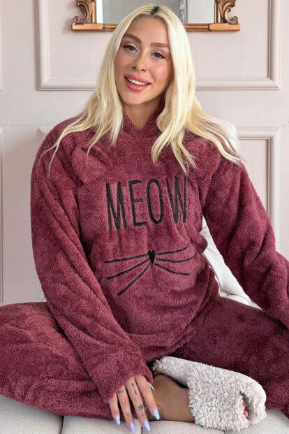 Bordo Meow Desenli Tam Peluş Pijama Takımı 