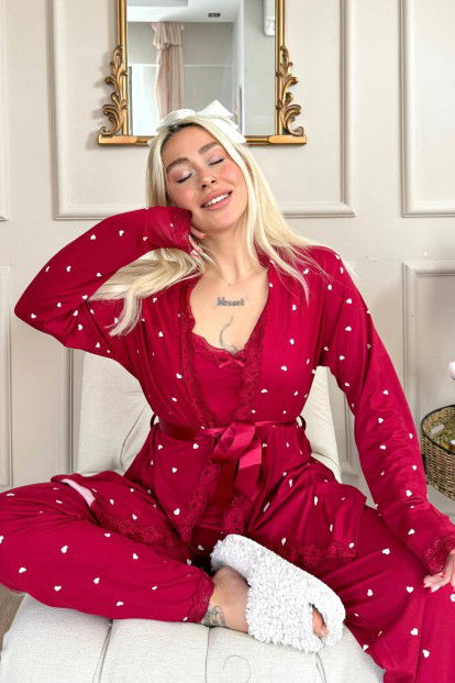 Bordo Mini Kalp Desenli Bambu Sabahlıklı Kadın Pijama Takımı - 3