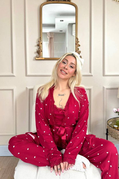 Bordo Mini Kalp Desenli Bambu Sabahlıklı Kadın Pijama Takımı - 4