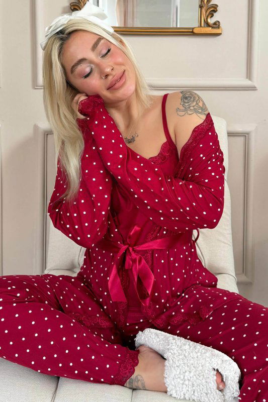Bordo Mini Puan Desenli Bambu Sabahlıklı Kadın Pijama Takımı - Pijamaevi