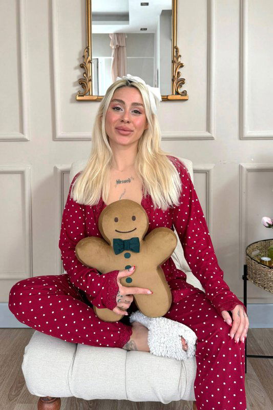 Bordo Mini Puan Desenli Bambu Sabahlıklı Kadın Pijama Takımı - Pijamaevi (2)