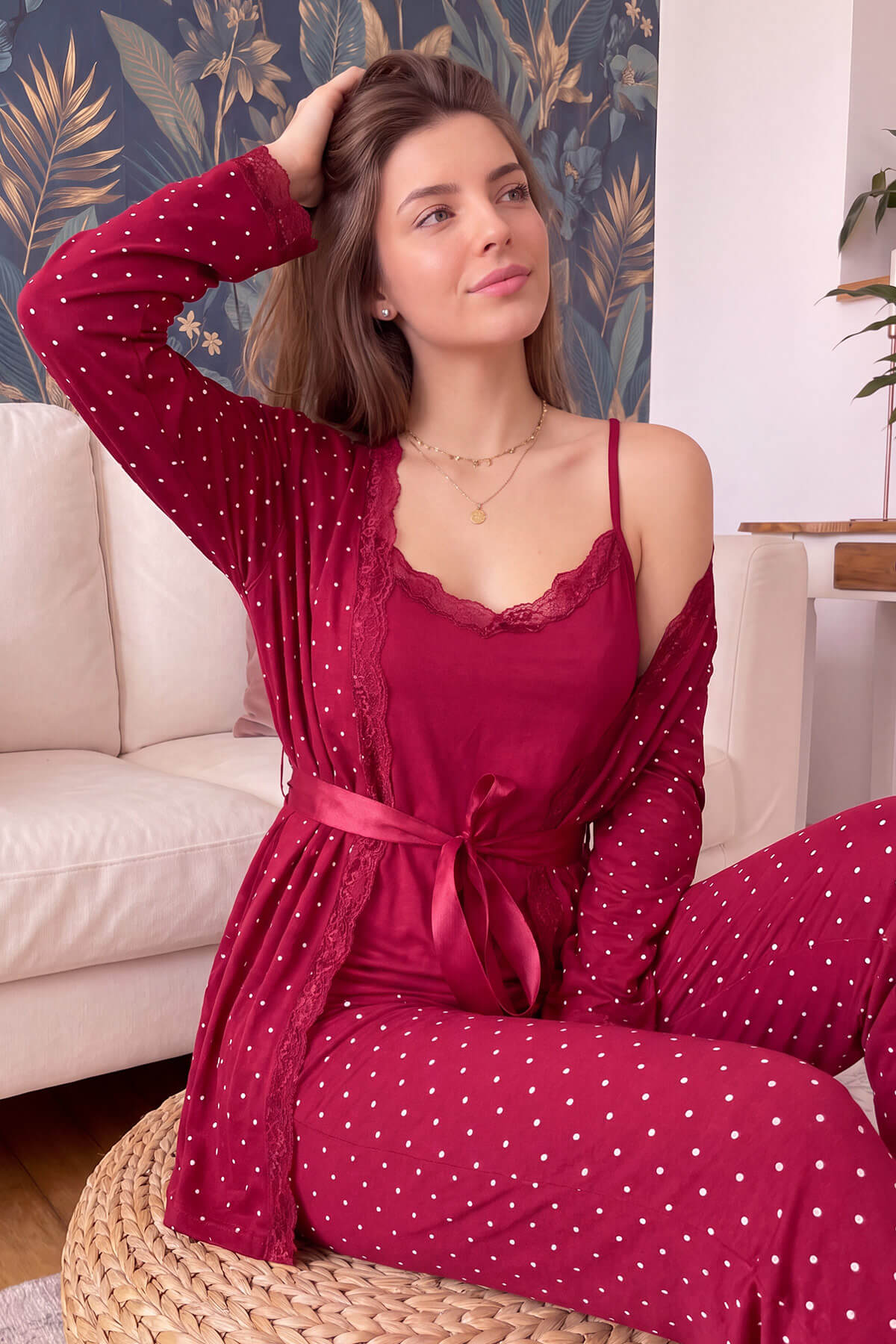 Bordo Mini Puan Desenli Bambu Sabahlıklı Kadın Pijama Takımı - Pijamaevi