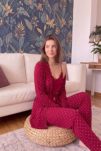 Bordo Mini Puan Desenli Bambu Sabahlıklı Kadın Pijama Takımı - 4