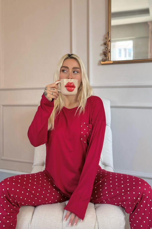 Bordo Mini Puan Desenli Bambu Uzun Kol Kadın Pijama Takımı - Pijamaevi (1)