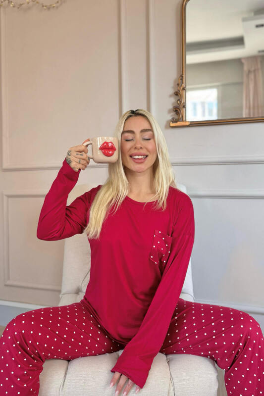 Bordo Mini Puan Desenli Bambu Uzun Kol Kadın Pijama Takımı - Pijamaevi (2)