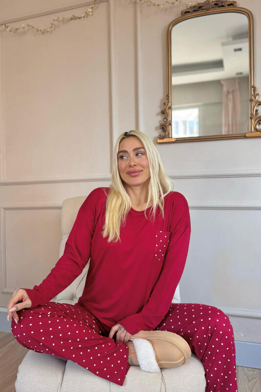 Bordo Mini Puan Desenli Bambu Uzun Kol Kadın Pijama Takımı - Pijamaevi (3)