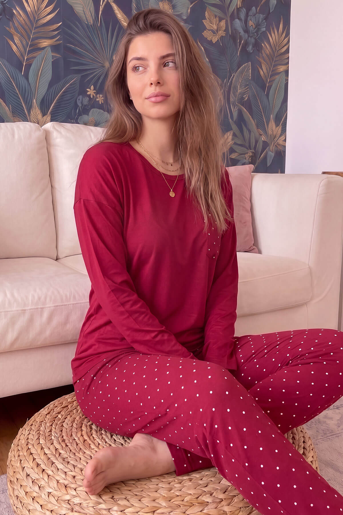 Bordo Mini Puan Desenli Bambu Uzun Kol Kadın Pijama Takımı - Pijamaevi