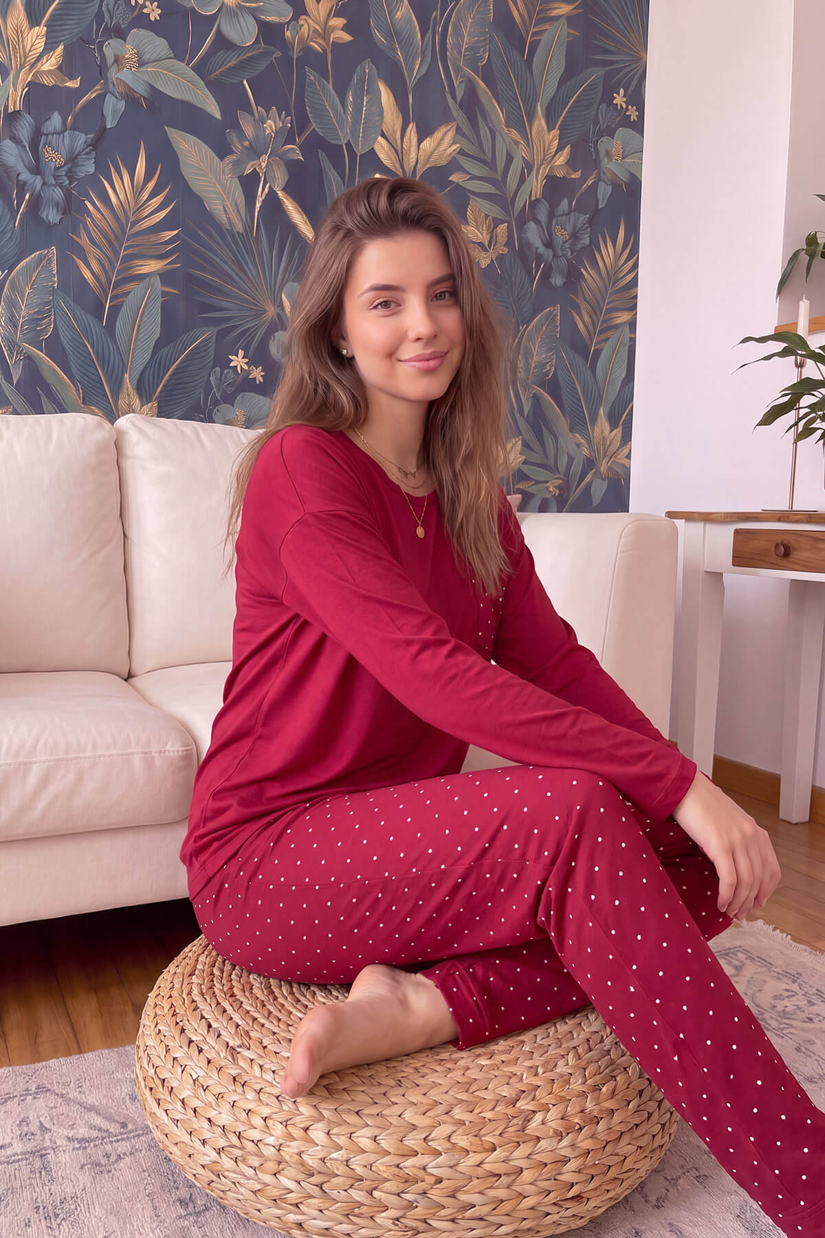 Bordo Mini Puan Desenli Bambu Uzun Kol Kadın Pijama Takımı - Pijamaevi (1)