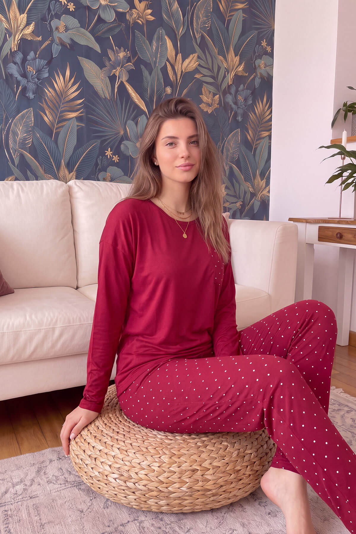Bordo Mini Puan Desenli Bambu Uzun Kol Kadın Pijama Takımı - Pijamaevi (2)