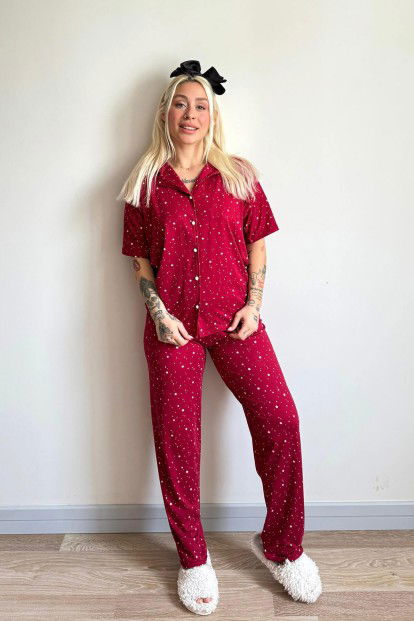 Bordo Mini Yıldız Desenli Bambu Önden Düğmeli Kısa Kol Pijama Takımı - 6