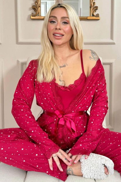Bordo Mini Yıldız Desenli Bambu Sabahlıklı Kadın Pijama Takımı 