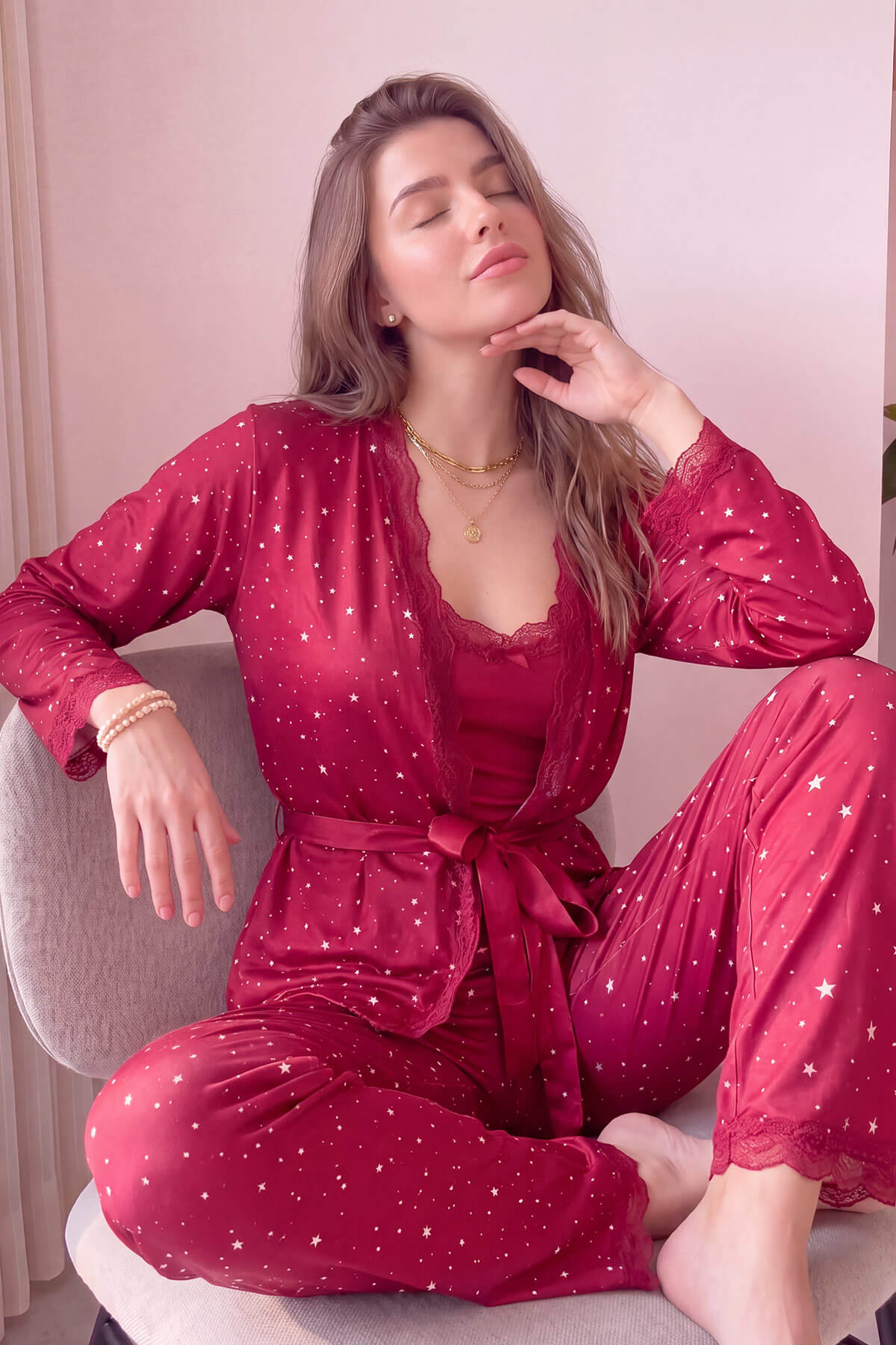 Bordo Mini Yıldız Desenli Bambu Sabahlıklı Kadın Pijama Takımı - Pijamaevi