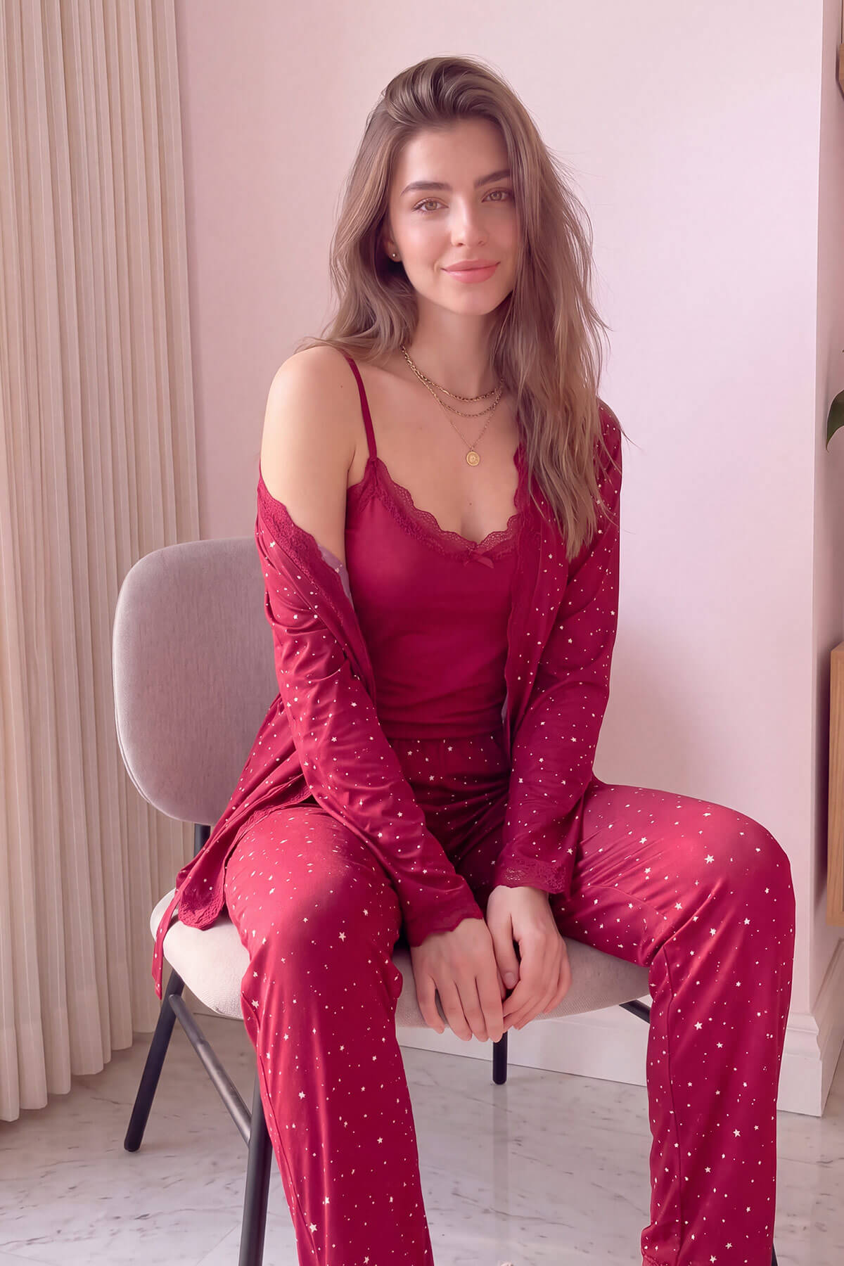 Bordo Mini Yıldız Desenli Bambu Sabahlıklı Kadın Pijama Takımı - Pijamaevi (1)