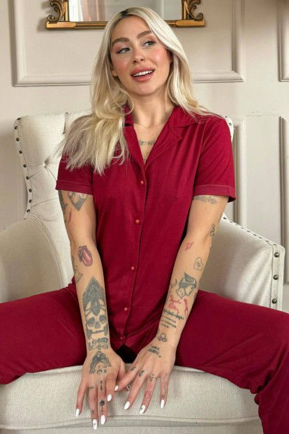 Bordo Önden Düğmeli Kısa Kol Örme Kadın Pijama - 1