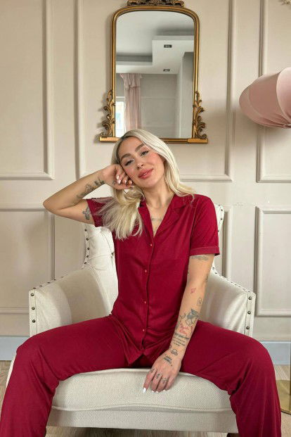 Bordo Önden Düğmeli Kısa Kol Örme Kadın Pijama - 3