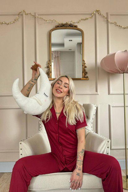 Bordo Önden Düğmeli Kısa Kol Örme Kadın Pijama - 4