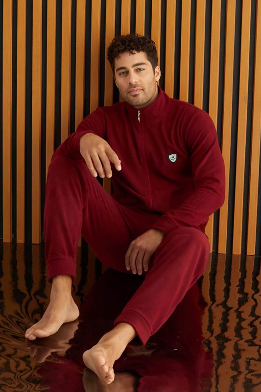 Bordo Önden Fermuarlı Uzun Kollu Polar Erkek Pijama Takımı - Pijamaevi