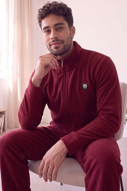 Bordo Önden Fermuarlı Uzun Kollu Polar Erkek Pijama Takımı 