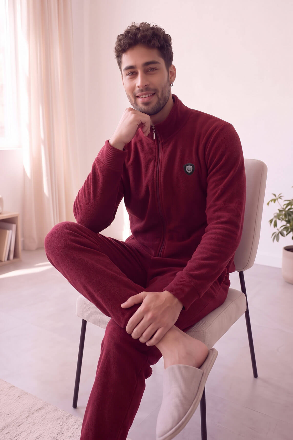 Bordo Önden Fermuarlı Uzun Kollu Polar Erkek Pijama Takımı - Pijamaevi (1)