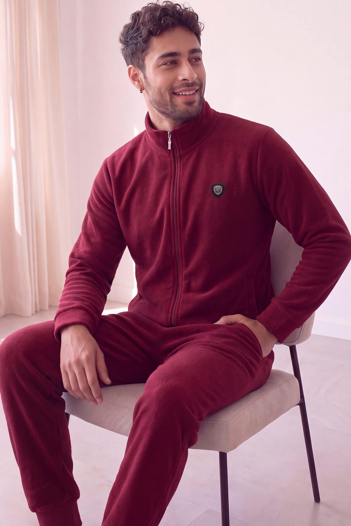 Bordo Önden Fermuarlı Uzun Kollu Polar Erkek Pijama Takımı - Pijamaevi (2)