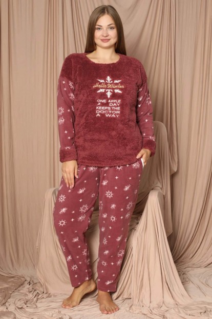 Bordo One Apple Desenli Büyük Beden Battal Peluş Pijama Takımı - 2