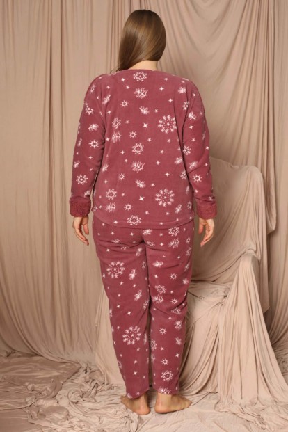 Bordo One Apple Desenli Büyük Beden Battal Peluş Pijama Takımı - 3