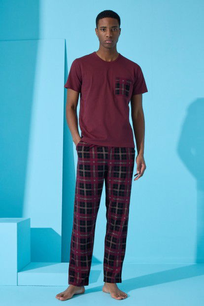 Bordo One Square Ekose Desenli Kısa Kollu Erkek Pijama Takımı - 2