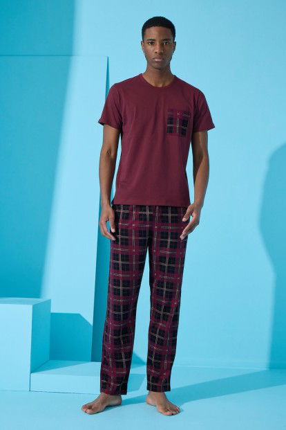 Bordo One Square Ekose Desenli Kısa Kollu Erkek Pijama Takımı - 3