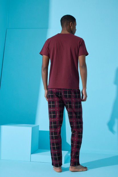 Bordo One Square Ekose Desenli Kısa Kollu Erkek Pijama Takımı - 4