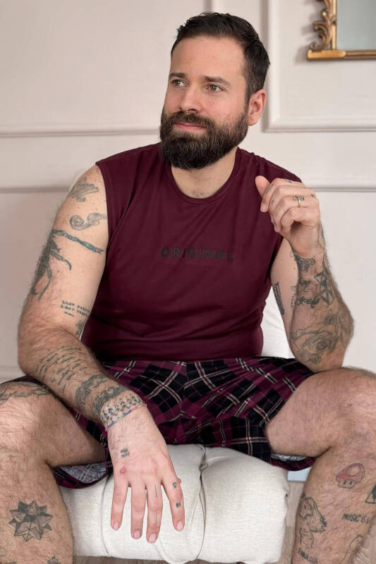 Bordo Original Baskılı Sıfır Kol Şortlu Erkek Pijama Takımı - Pijamaevi