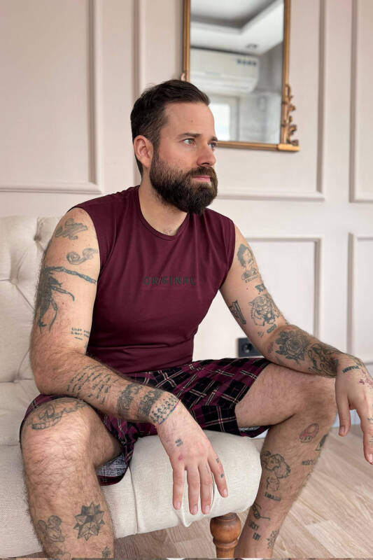 Bordo Original Baskılı Sıfır Kol Şortlu Erkek Pijama Takımı - Pijamaevi (1)