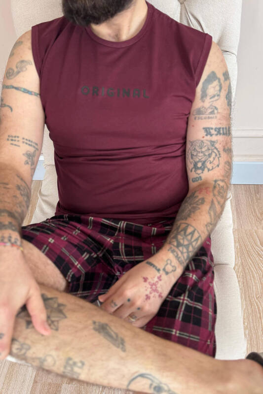 Bordo Original Baskılı Sıfır Kol Şortlu Erkek Pijama Takımı - Pijamaevi (3)