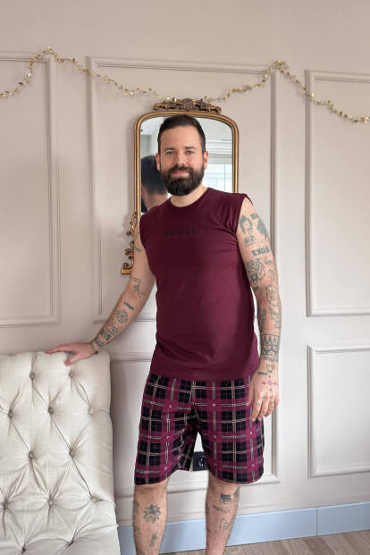 Bordo Original Baskılı Sıfır Kol Şortlu Erkek Pijama Takımı - 5