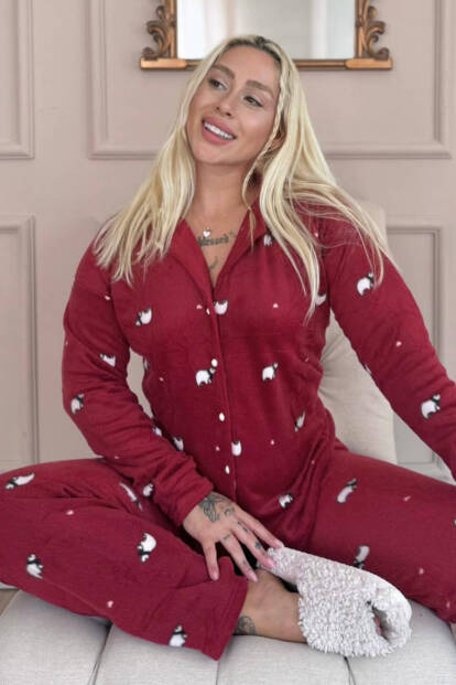 Bordo Panda Desenli Önden Düğmeli Peluş Polar Pijama Takımı 